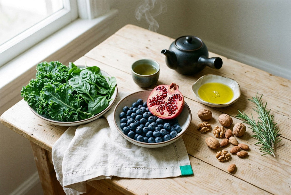 Aliments de type méditerranéen sur une table en bois : chou kale, épinards, myrtilles, grenade, noix, huile d'olive et thé vert