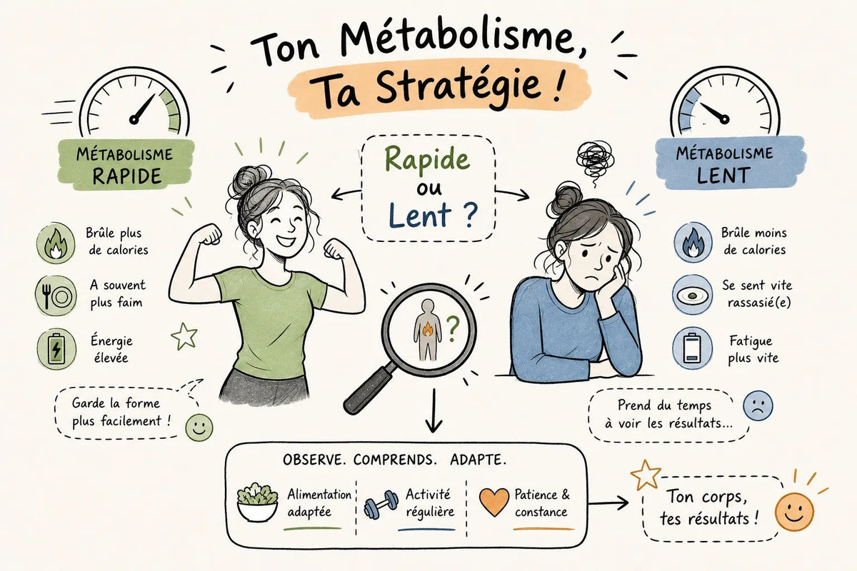 Illustration comparant métabolisme rapide et métabolisme lent, avec trois leviers : alimentation adaptée, activité régulière, constance