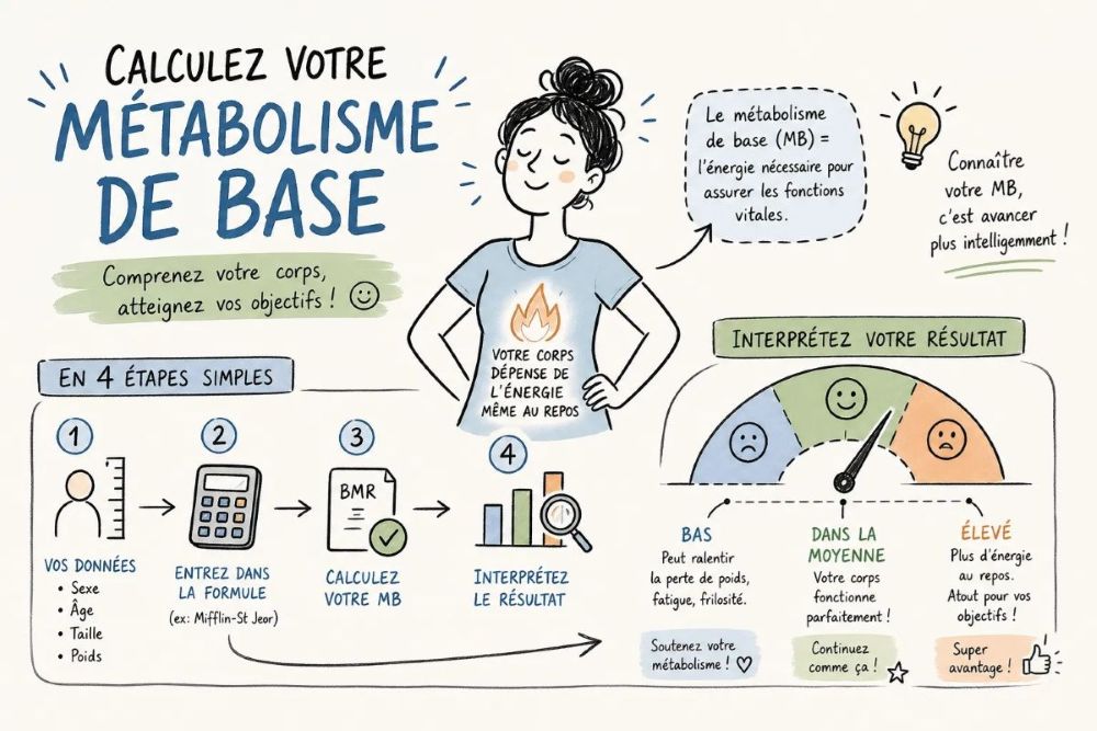 Illustration : calculer son métabolisme de base en 4 étapes (données, formule Mifflin-St Jeor, calcul, interprétation du résultat)