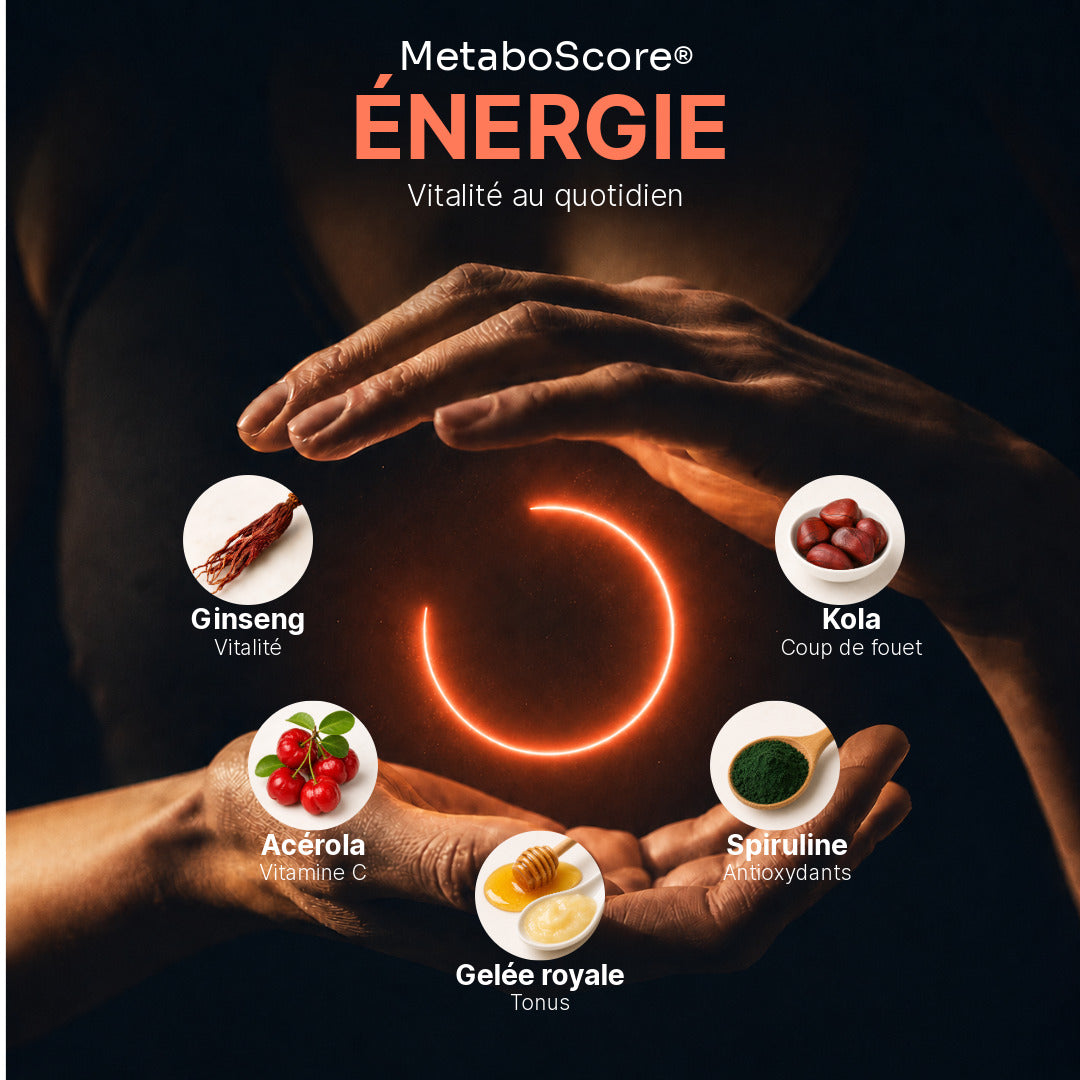 Ingrédients MetaboScore Énergie : ginseng rouge, acérola, kola, gelée royale, spiruline