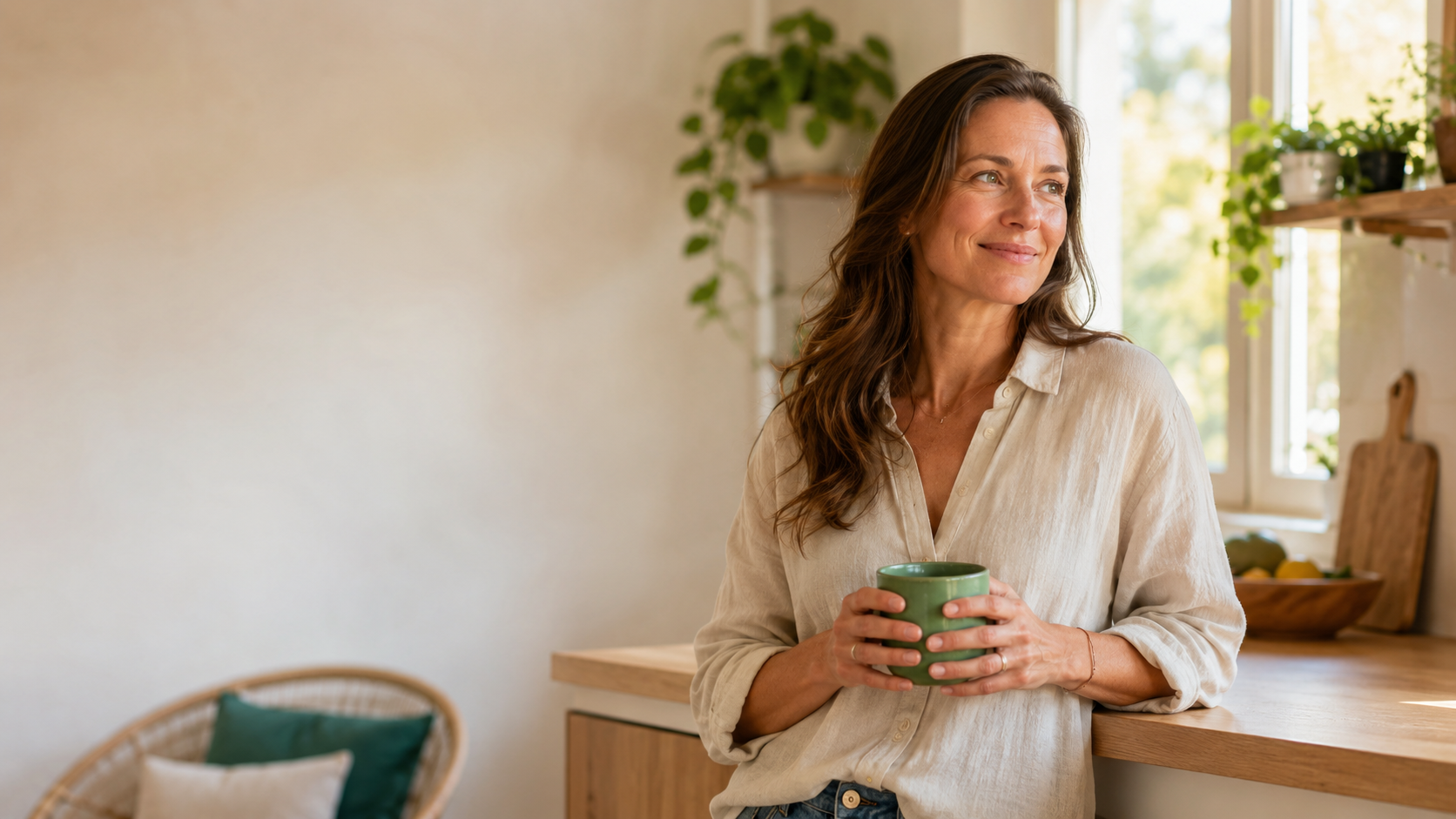 Femme sereine chez elle, tasse à la main